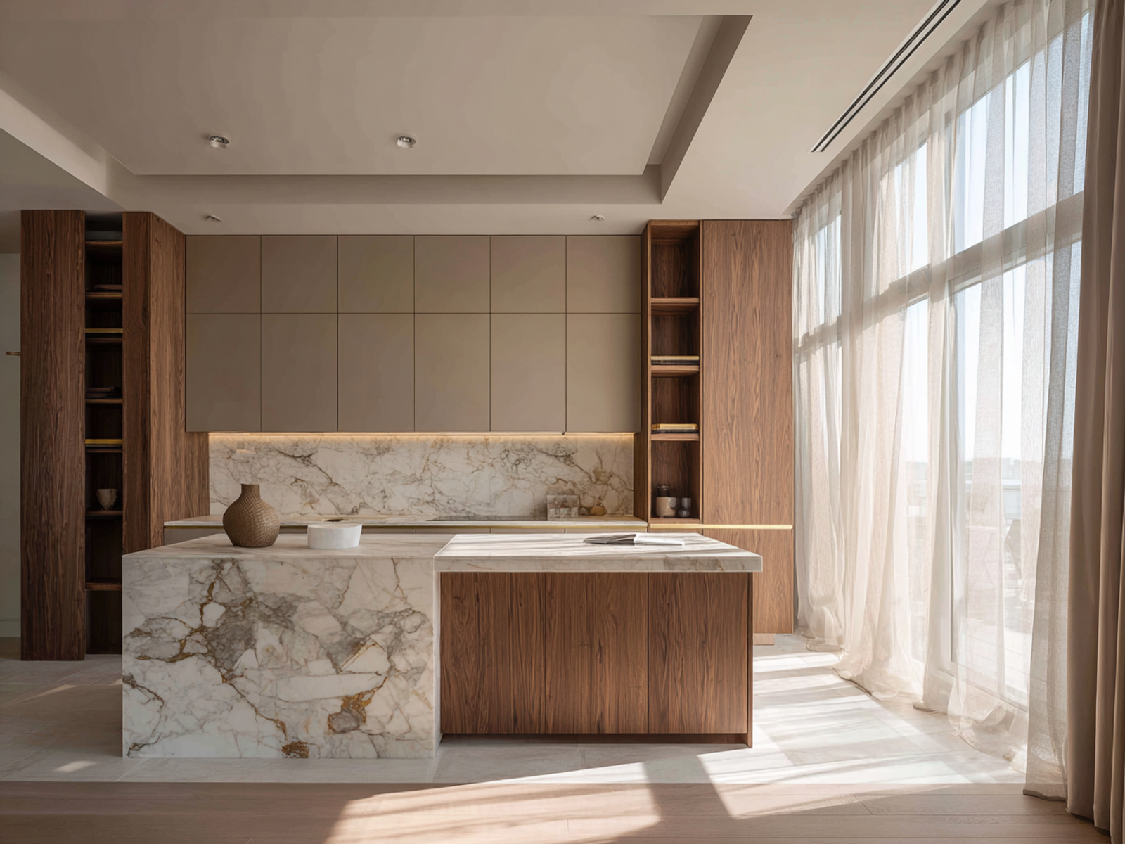Fadior Phuket Villa — 304 stainless steel kitchen with oak-toned wood-grain transfer and Calacatta marble island