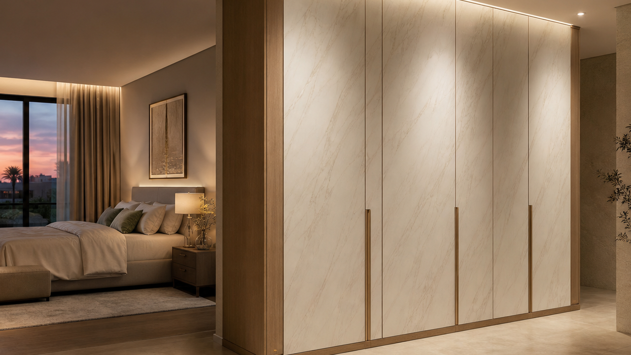 Fadior Resonance Wardrobe Suite with Frameless Gallery Threshold — lifestyle setting with natural light and residential