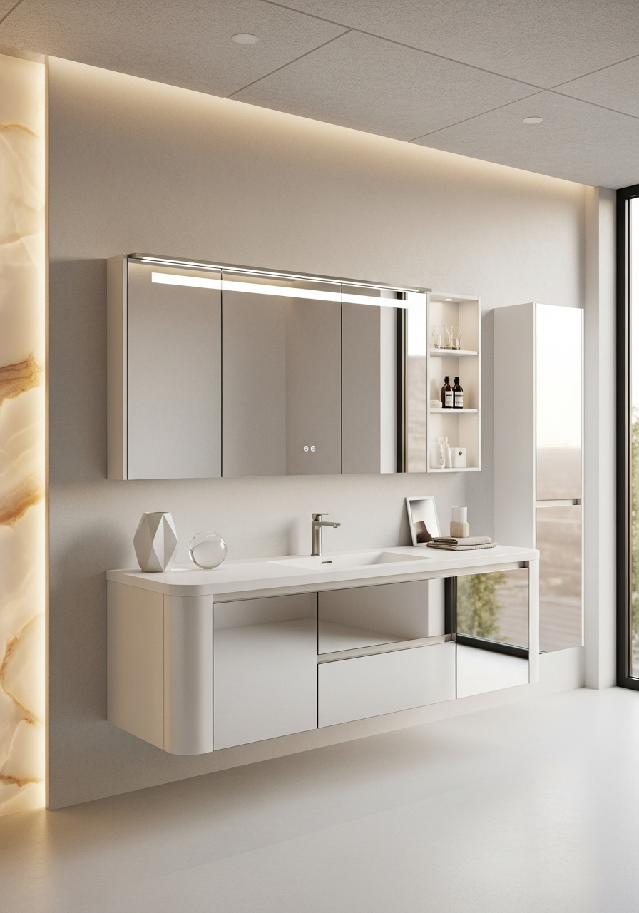 Fadior Acqua Luminous Vanity — interior room context showing cabinet integration