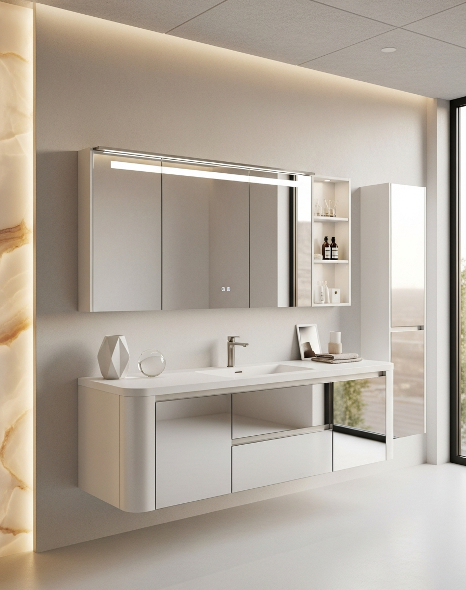 Fadior Acqua Luminous Vanity — interior room context showing cabinet integration