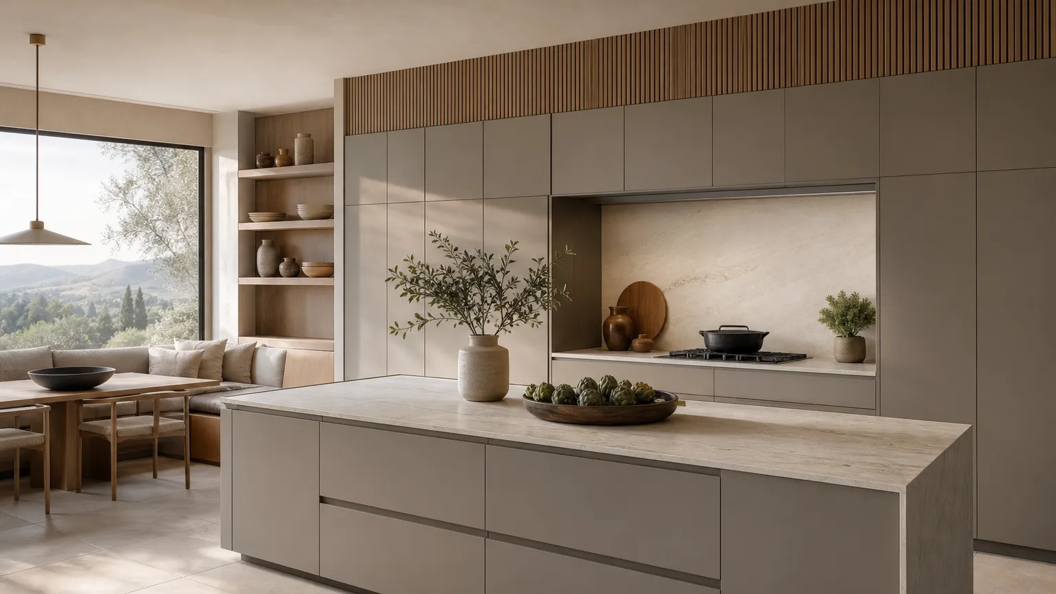 Quiet morning villa kitchen with warm grey Italian cabinet planning and a breakfast nook.