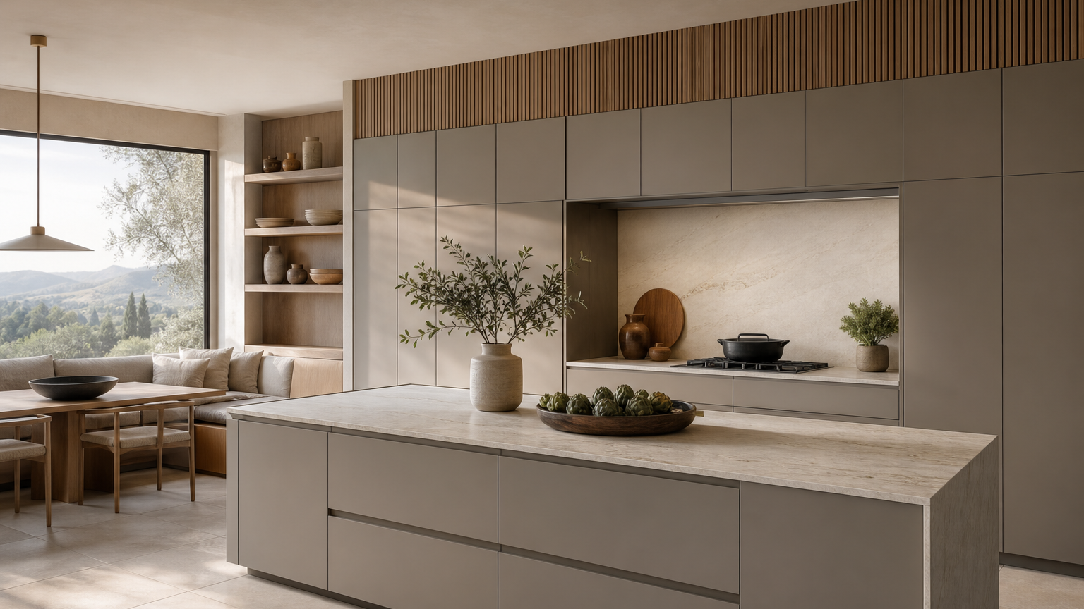 Quiet morning villa kitchen with warm grey Italian cabinet planning and a breakfast nook.