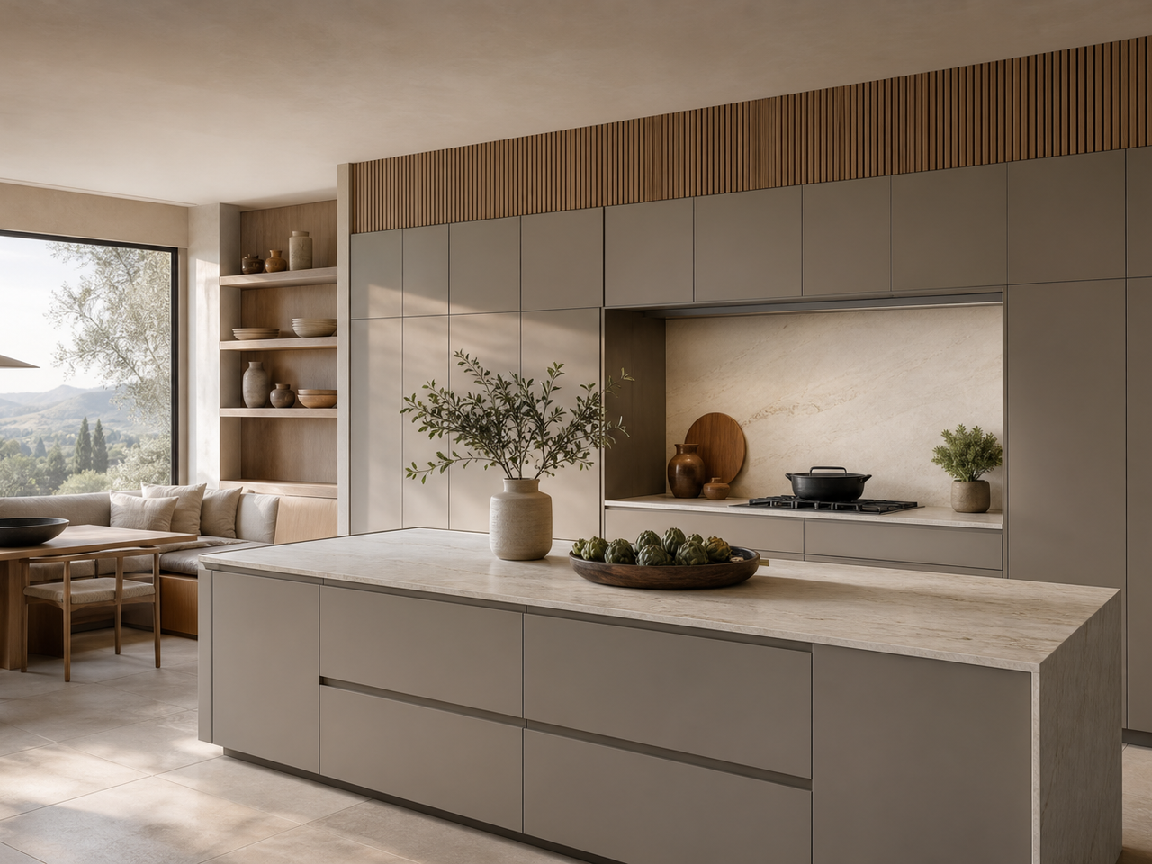 Quiet morning villa kitchen with warm grey Italian cabinet planning and a breakfast nook. — 304 stainless steel cabinetry editorial by Fadior
