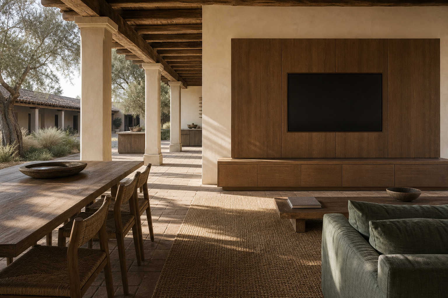 Fadior Veneto Living Room Suite with Lime Plaster Audio Plinth — interior room context showing cabinet integration