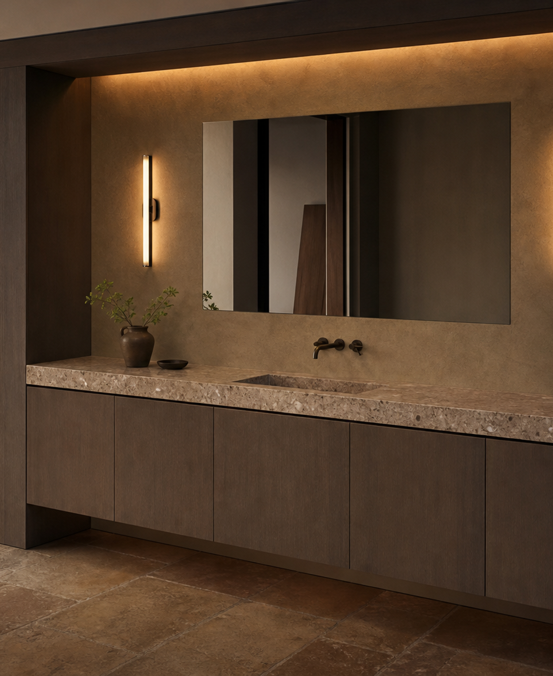 Fadior Alcove Bath and Vanity Suite with Clay Recess Morning Wash Wall — 304 stainless steel bath and vanity system,