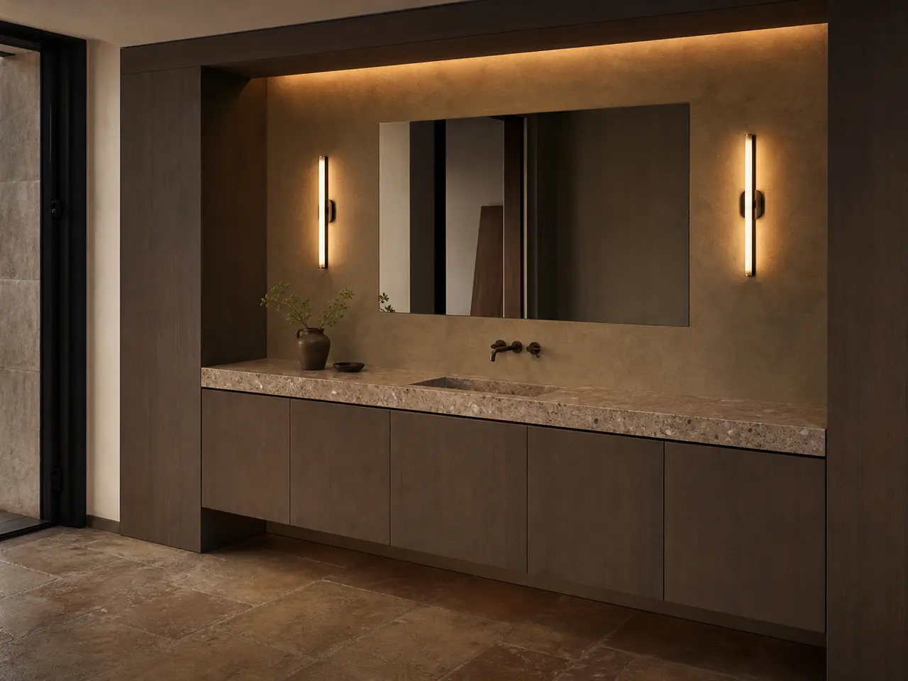 Fadior Alcove Bath and Vanity Suite with Clay Recess Morning Wash Wall - waterproof 304 stainless steel bath vanity with mirror storage, moisture-resistant finishes, and grooming storage