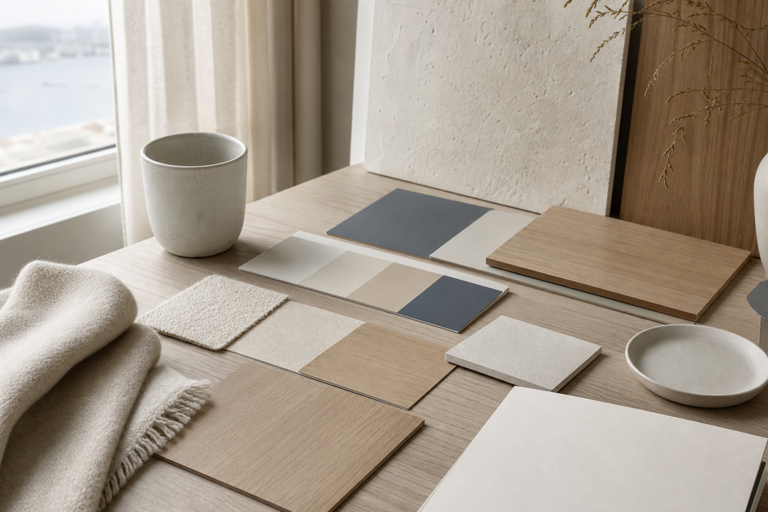 Material study of oak veneer, wool textile, and matte ceramic for a kitchen movement decision.