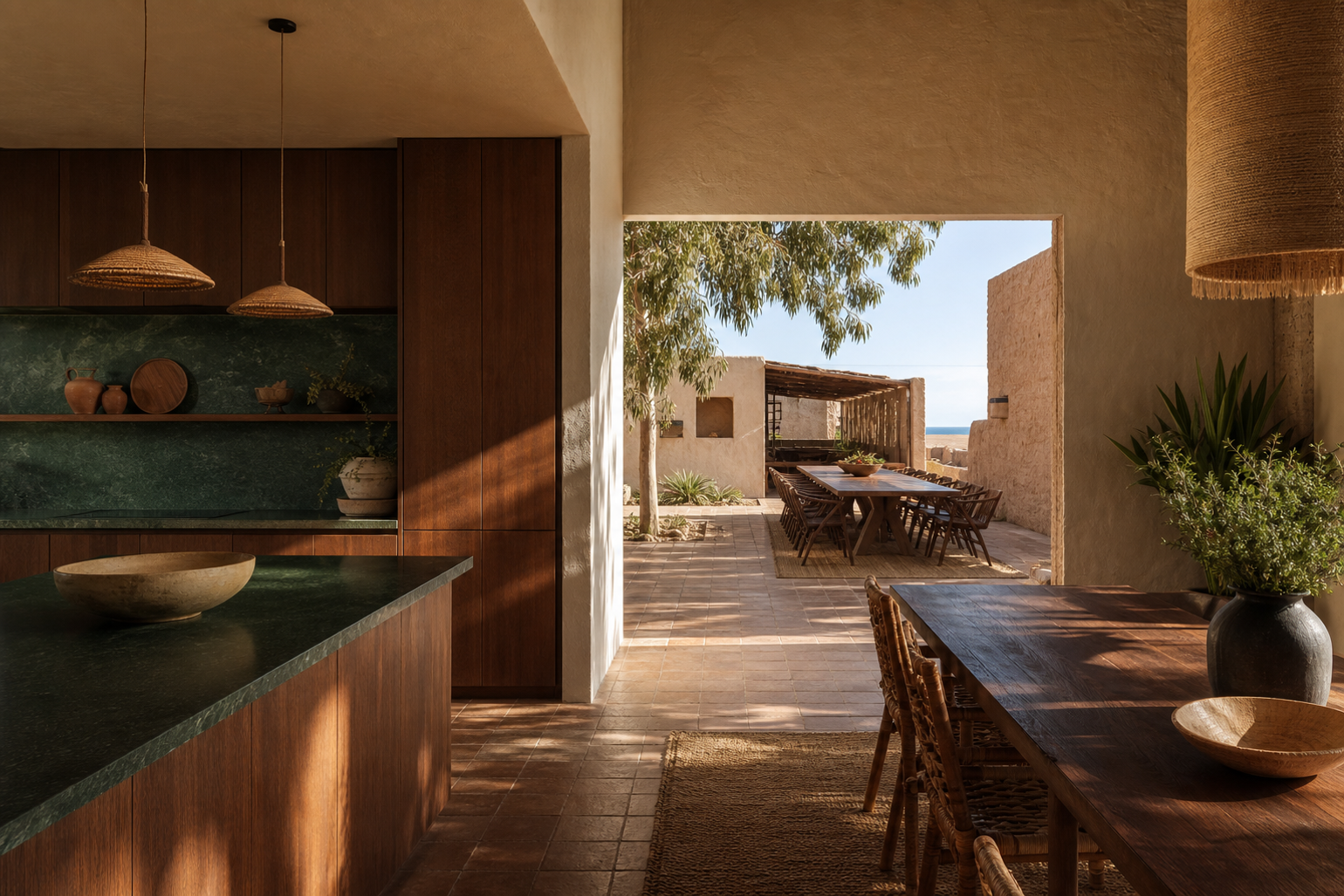Calm villa kitchen with wood cabinet wall, island, dining table, and strong courtyard shadows.