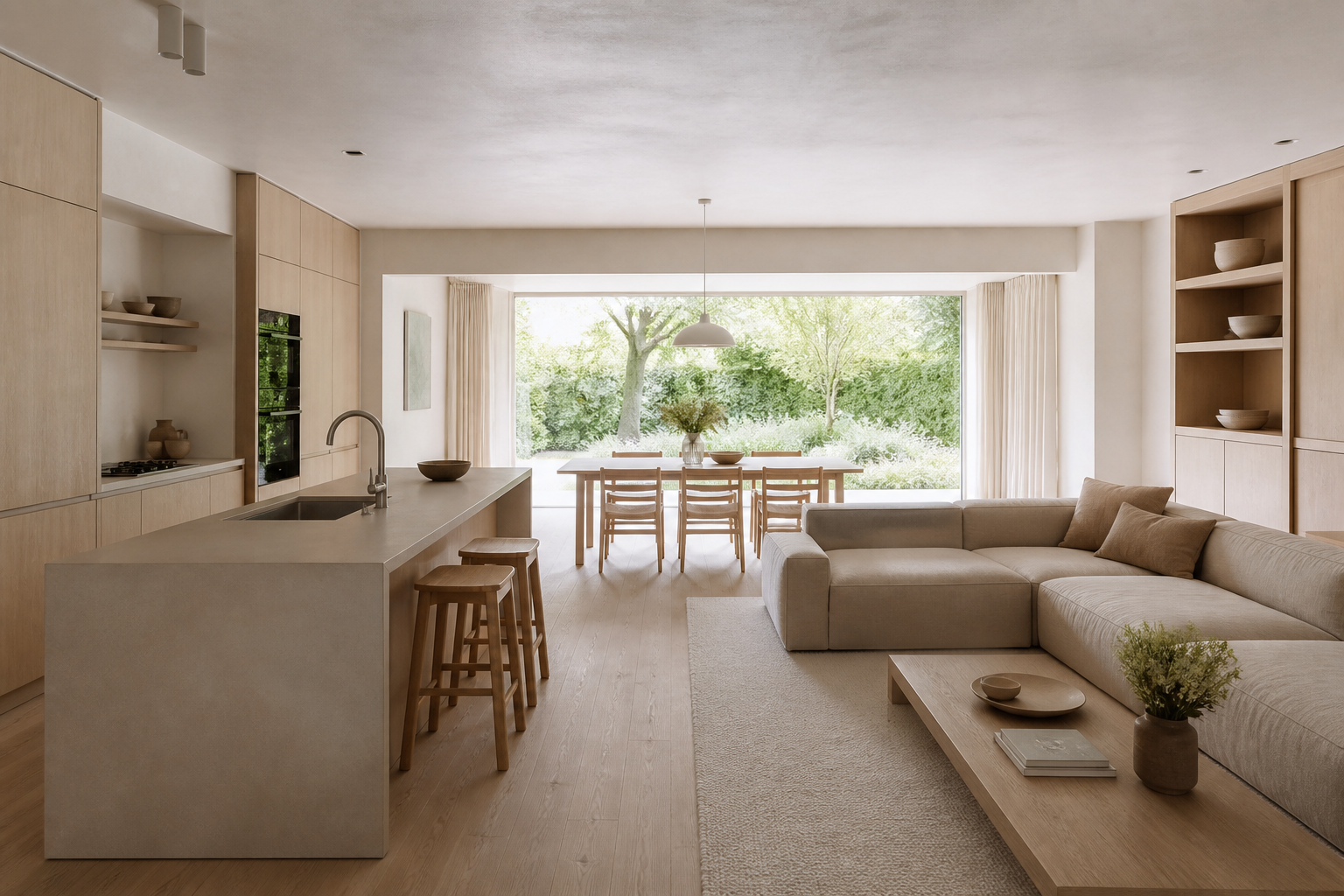 Fadior Amsterdam 450 sqm Kitchen Bath Villa — An open kitchen island and dining table flow into a linen sofa lounge beside a