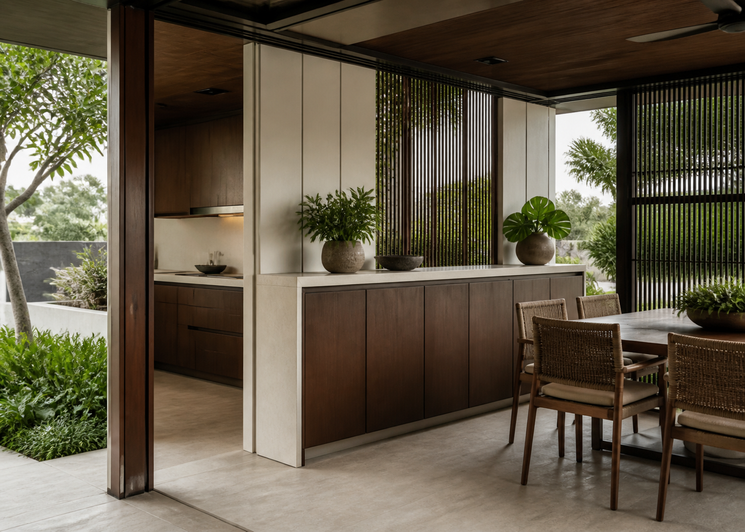 Conjunto de balcón Aurora con banco de servicio sombreado perspectiva interior