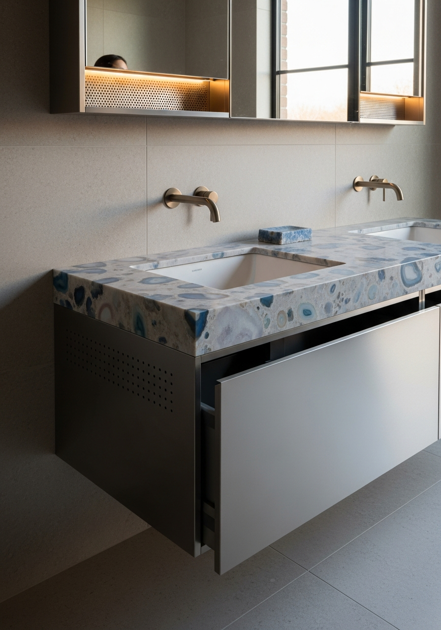 Fadior Acqua Bath and Vanity Suite — close-up of stainless steel finish and hardware detail