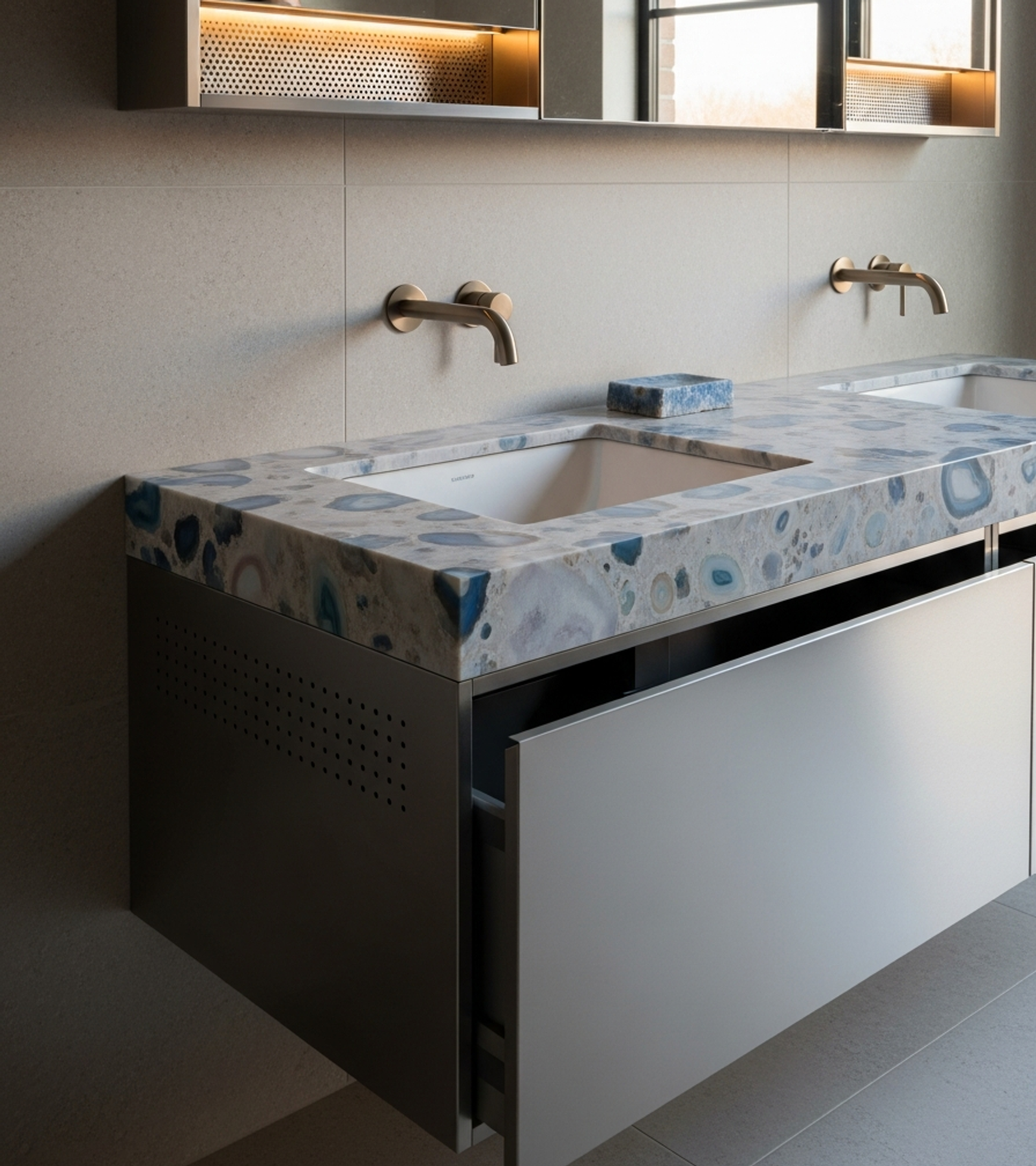 Fadior Acqua Bath and Vanity Suite — close-up of stainless steel finish and hardware detail