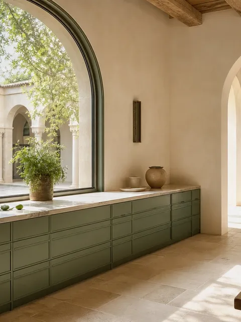 Suite de cocina Silkstone con encimera junto a arco de ventana