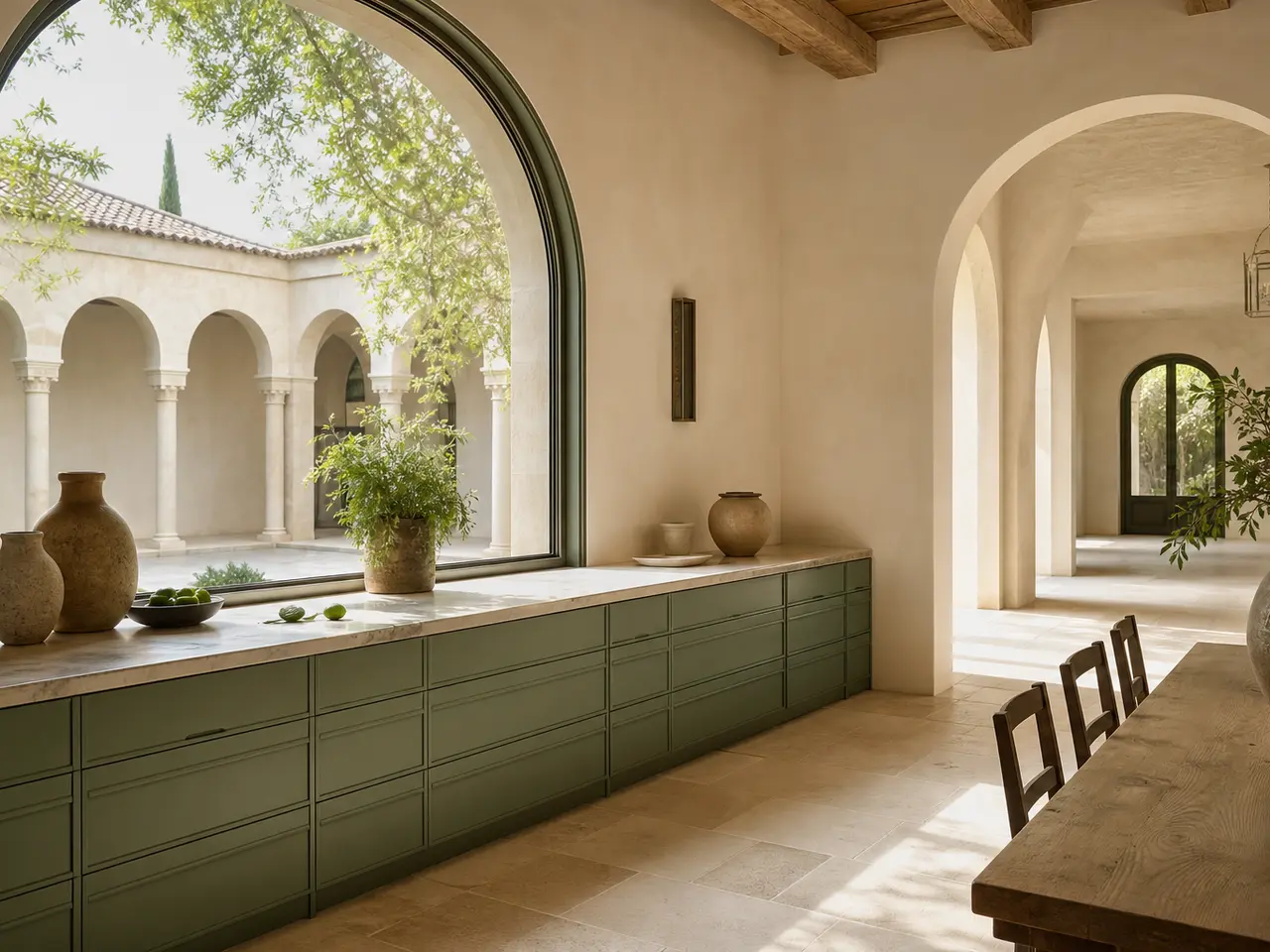 Suite de cocina Silkstone con encimera junto a arco de ventana