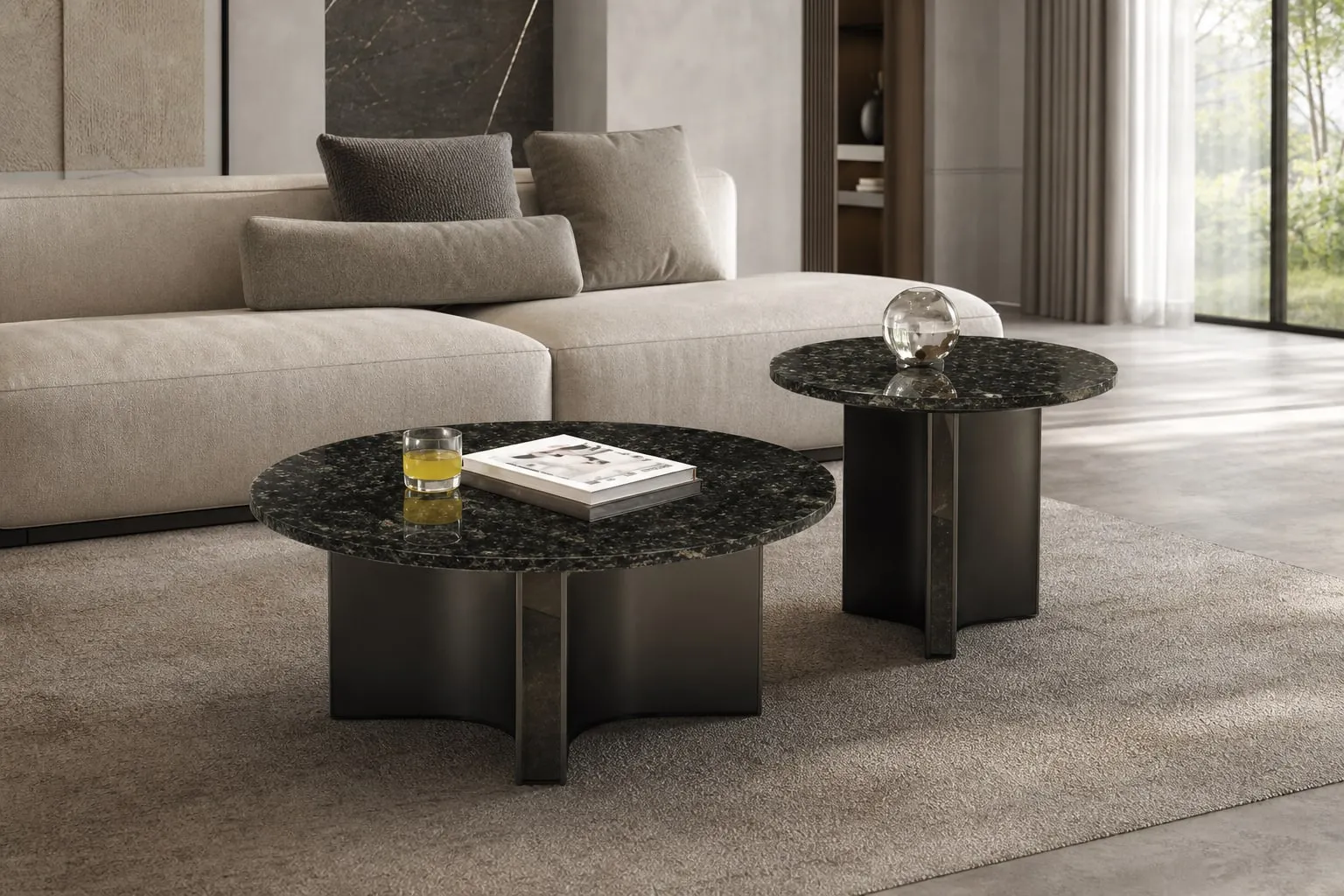 Brushed Steel Marble Table Set Ø80+Ø55 cm