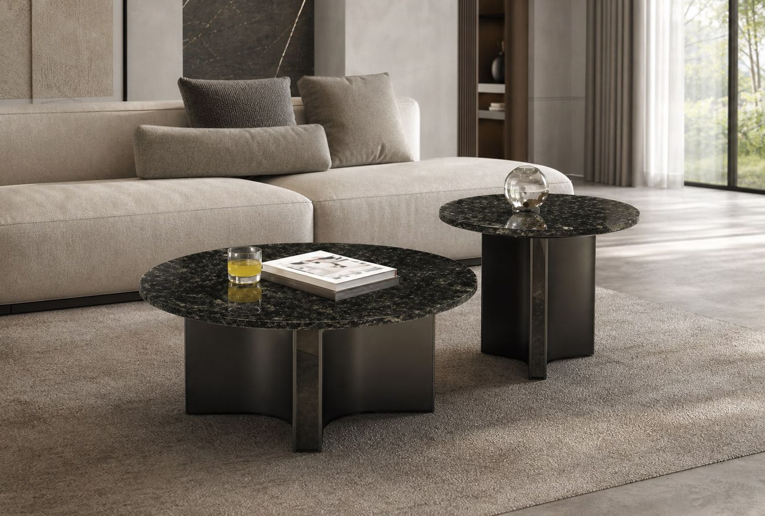 Stone-Top Coffee Table (Brushed stainless steel) styled in a FADIOR HOME interior setting