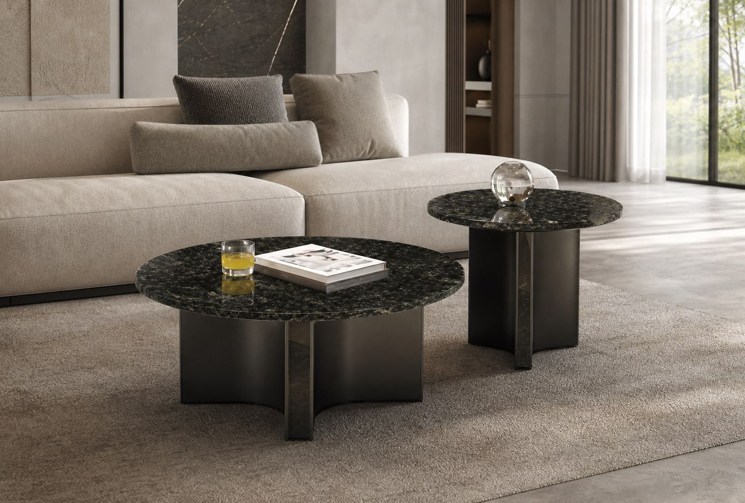 Stone-Top Coffee Table 茶几φ90CM 边几φ55CM styled in a FADIOR HOME interior setting