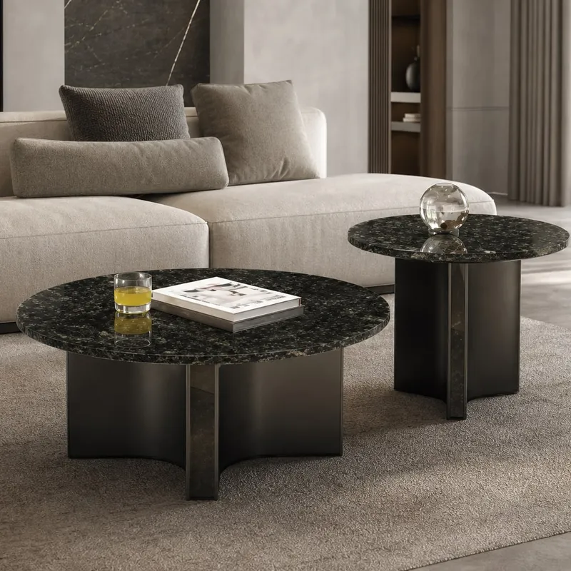 Brushed Steel Marble Table Set Ø80+Ø55 cm
