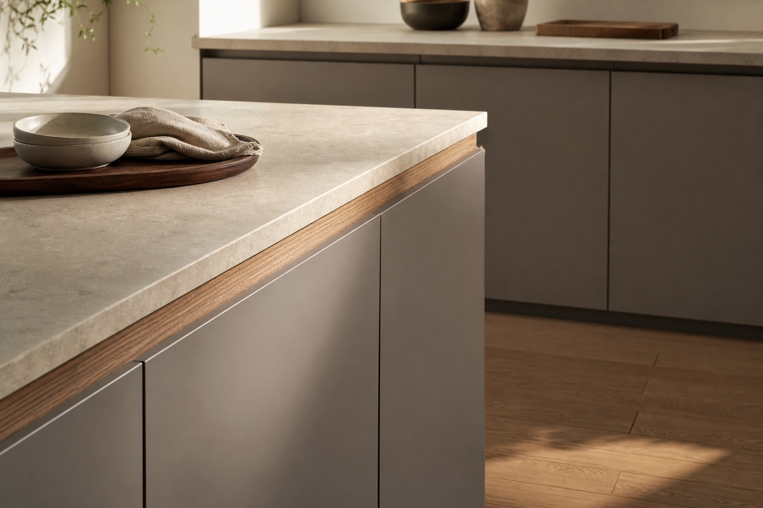Material mood study of warm grey cabinetry, pale stone, oak, and linen in soft light.