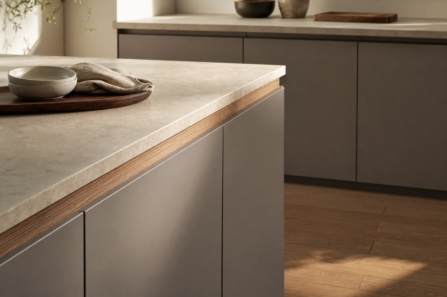 Material mood study of warm grey cabinetry, pale stone, oak, and linen in soft light.