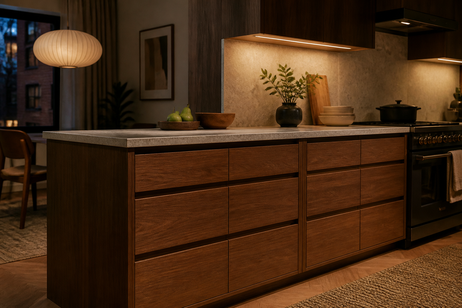 Orderly kitchen drawers and a generous preparation surface in warm evening light