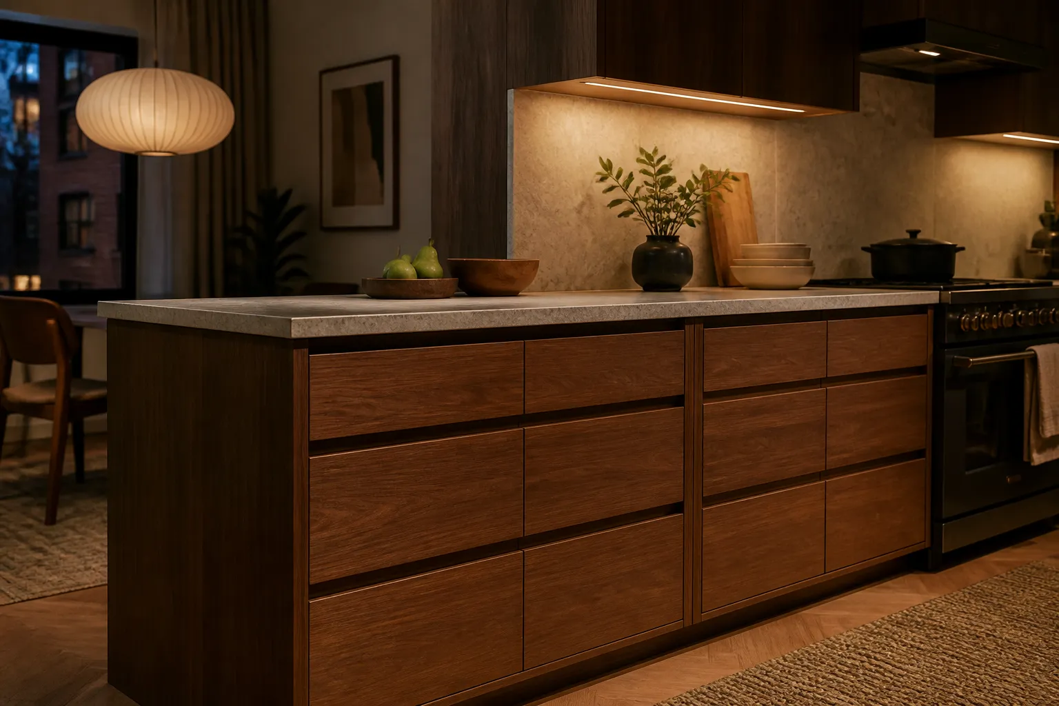 Orderly kitchen drawers and a generous preparation surface in warm evening light