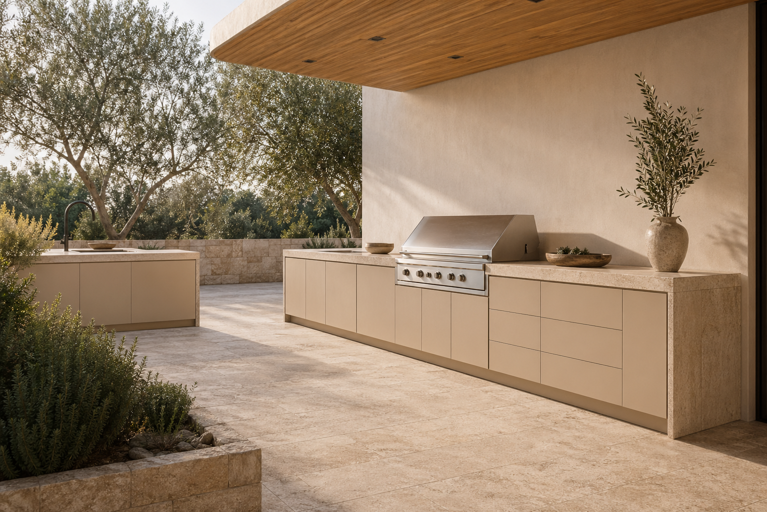 Fadior Horizon Outdoor Kitchen Suite with Travertine Courtyard Grill Line — interior room context showing cabinet integration