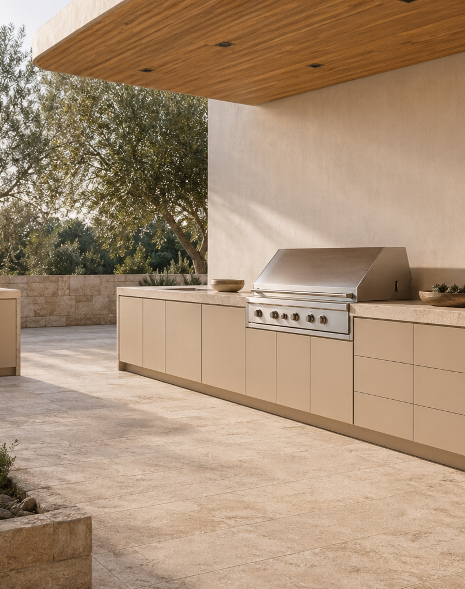 Fadior Horizon Outdoor Kitchen Suite with Travertine Courtyard Grill Line — interior room context showing cabinet integration