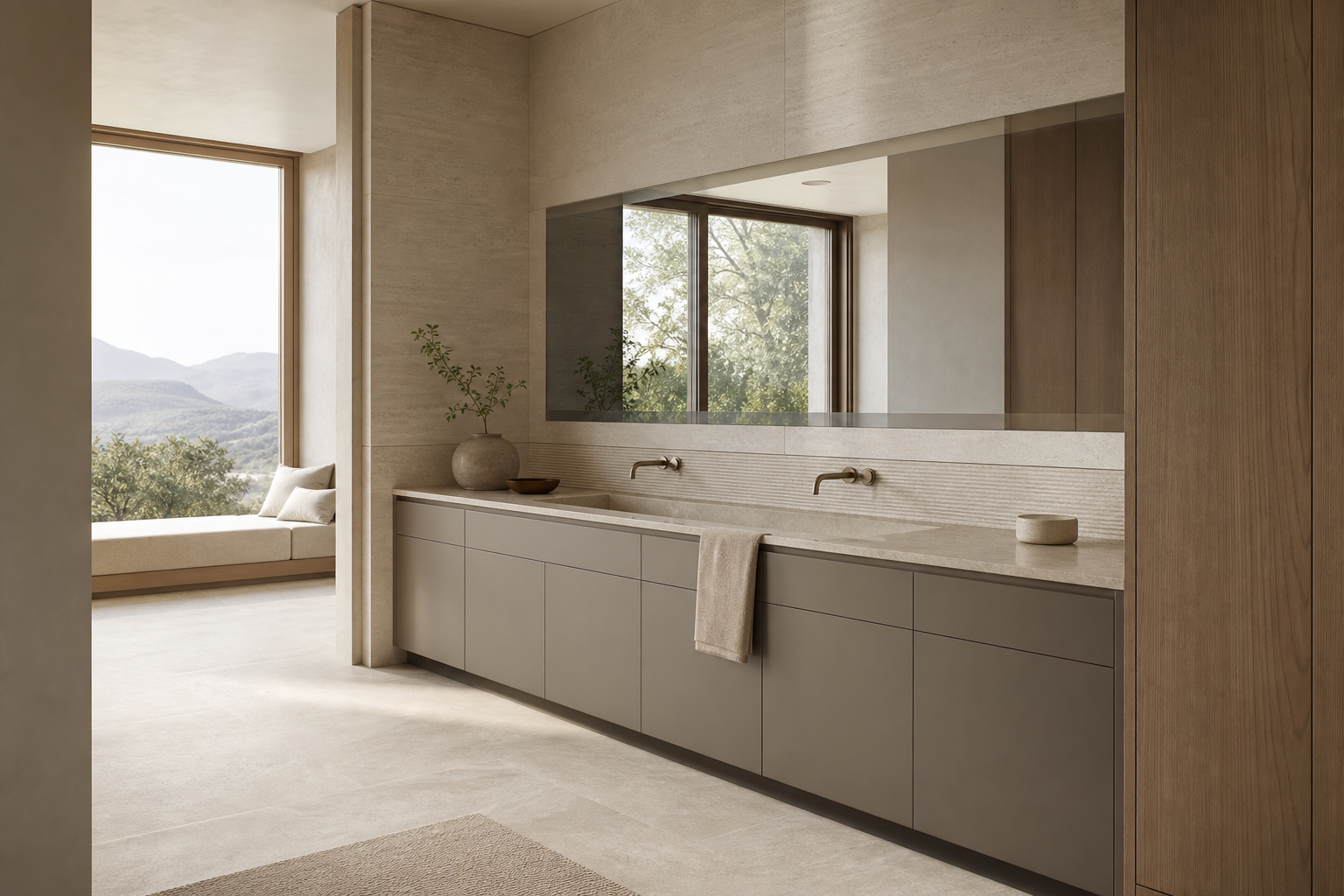 Fadior Nacre Bath and Vanity Suite with Opal Rainline Grooming Terrace — interior room context showing cabinet integration