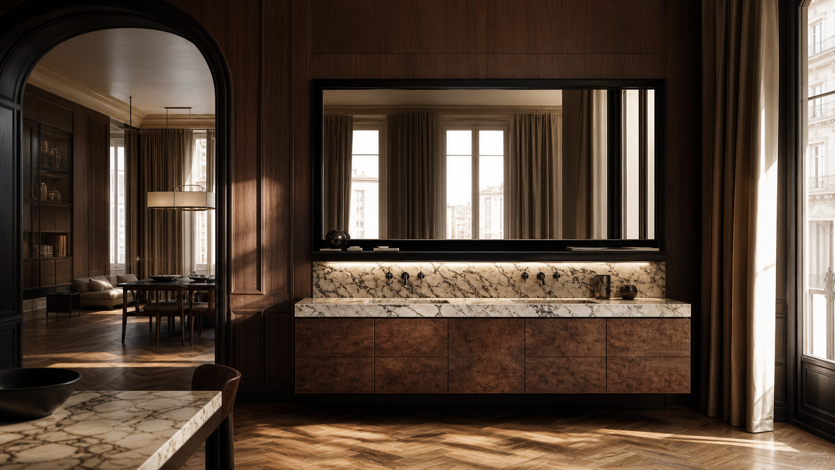 Fadior Solstice Bath and Vanity Suite with Thermal Mirror Grooming Ledge — lifestyle setting with natural light and