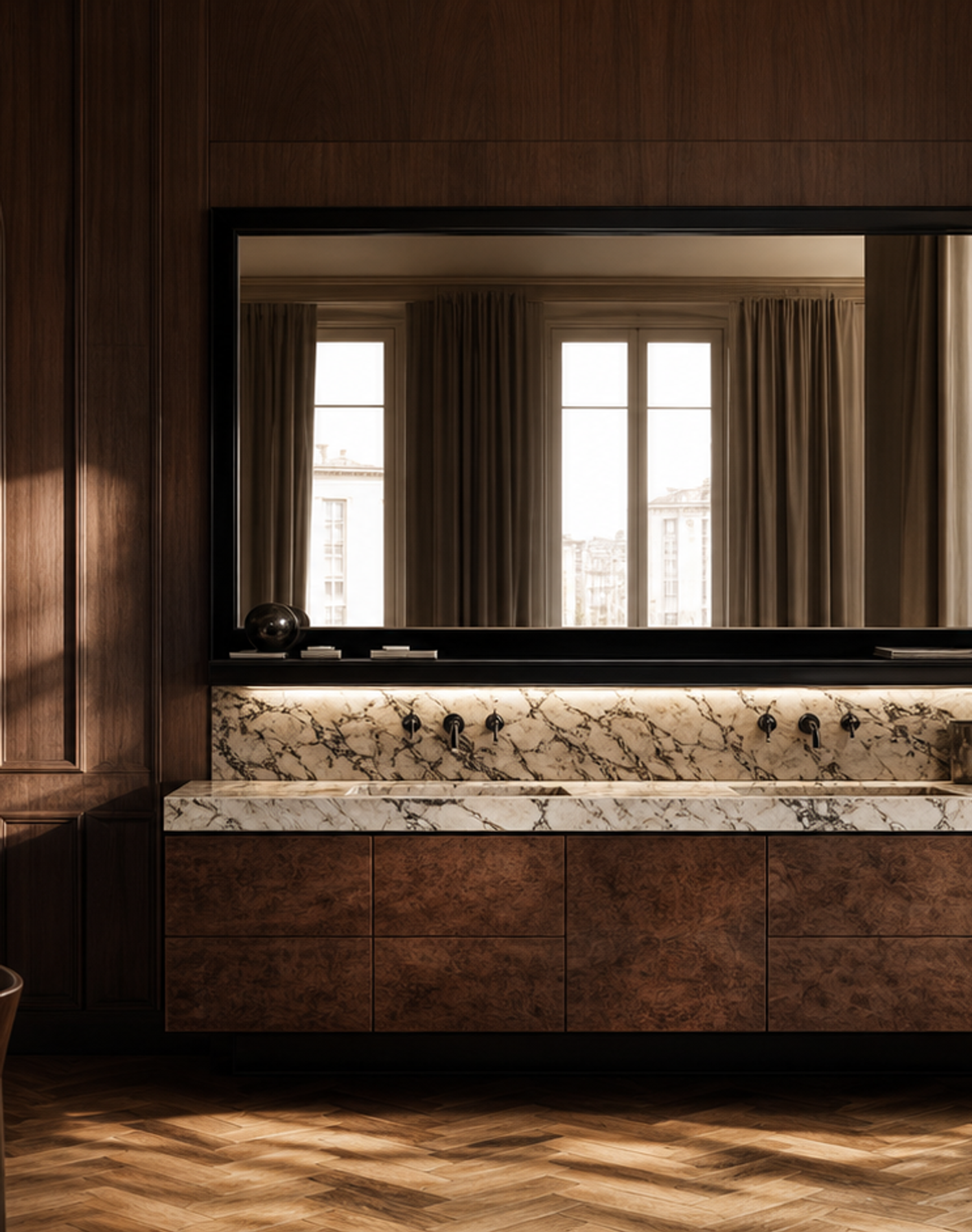 Fadior Solstice Bath and Vanity Suite with Thermal Mirror Grooming Ledge — lifestyle setting with natural light and