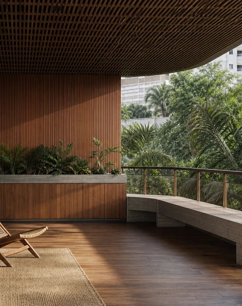 Suite de balcón Soleil con banco de terraza Sunrail perspectiva interior