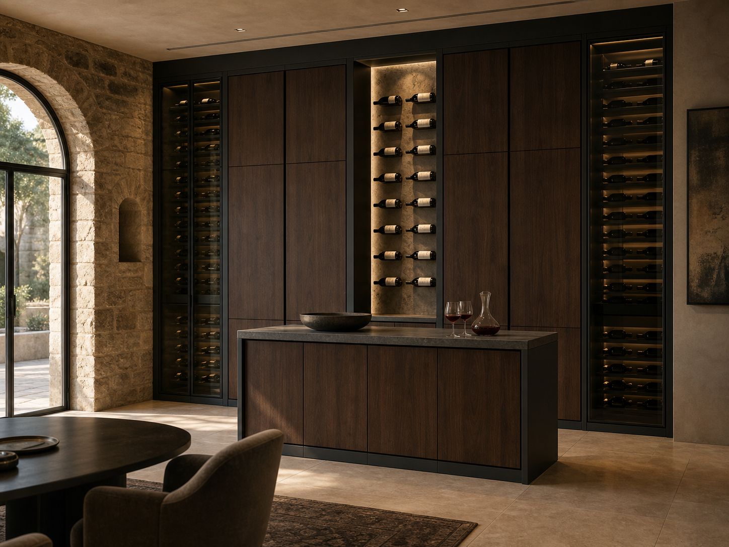 Fadior Grotto Wine Cabinet Suite with Vertical Bottle Gallery Bar — interior room context showing cabinet integration