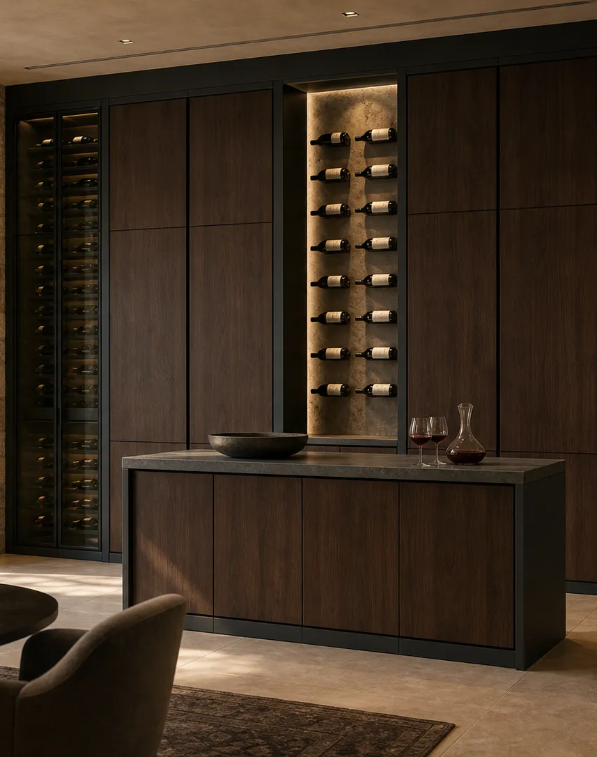Suite de Armario de Vinos Grotto con Barra Vertical de Botellas perspectiva interior