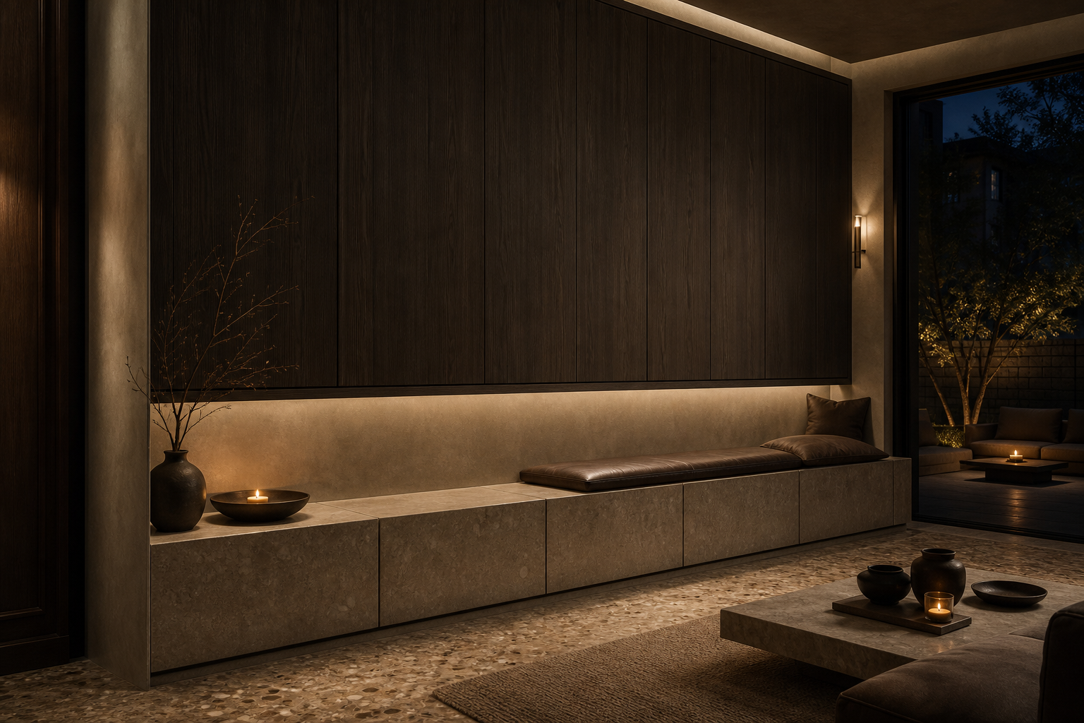 Fadior Veneto Living Room Suite with Stone Ledge Console Wall — lifestyle setting with natural light and residential styling