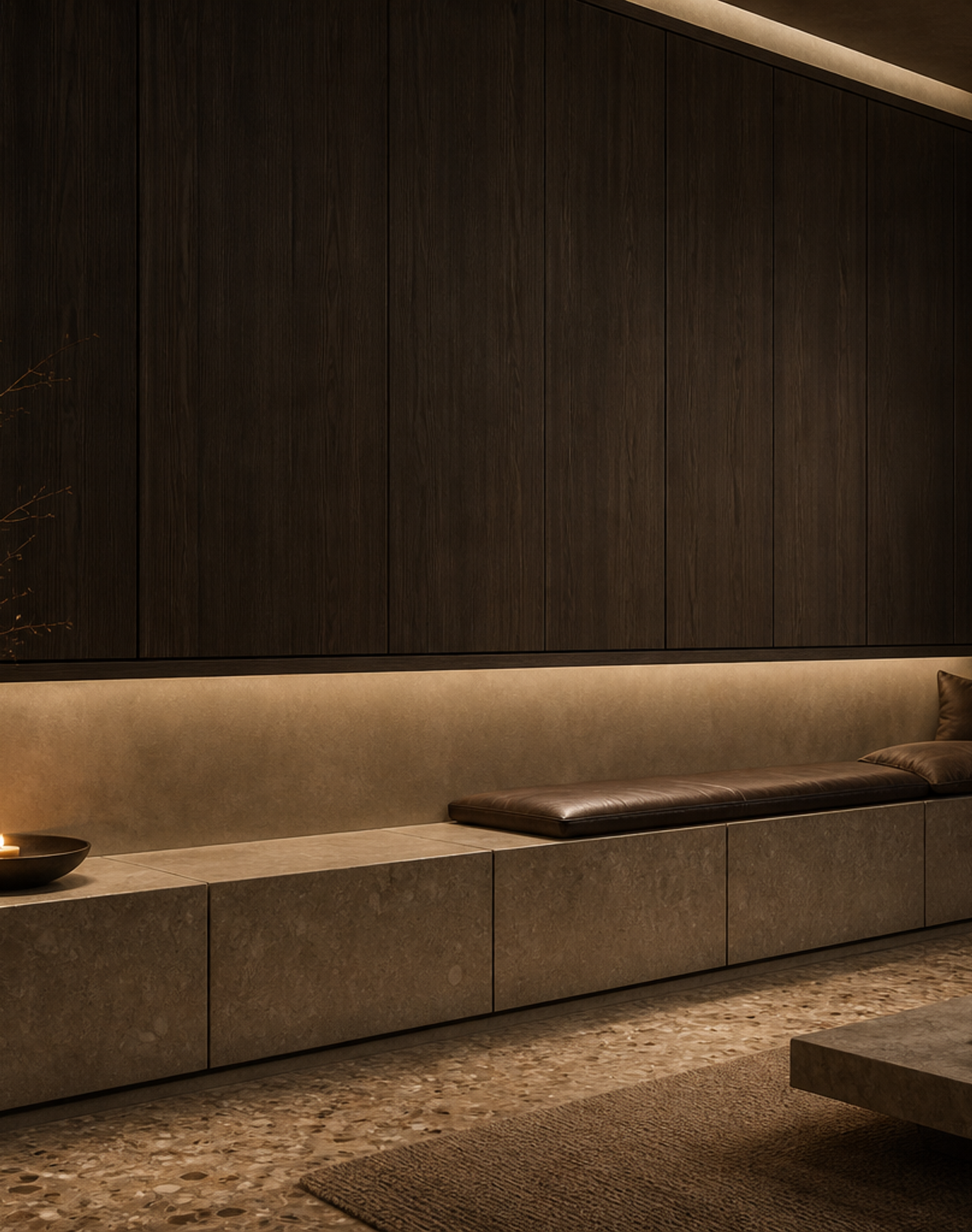 Fadior Veneto Living Room Suite with Stone Ledge Console Wall — lifestyle setting with natural light and residential styling