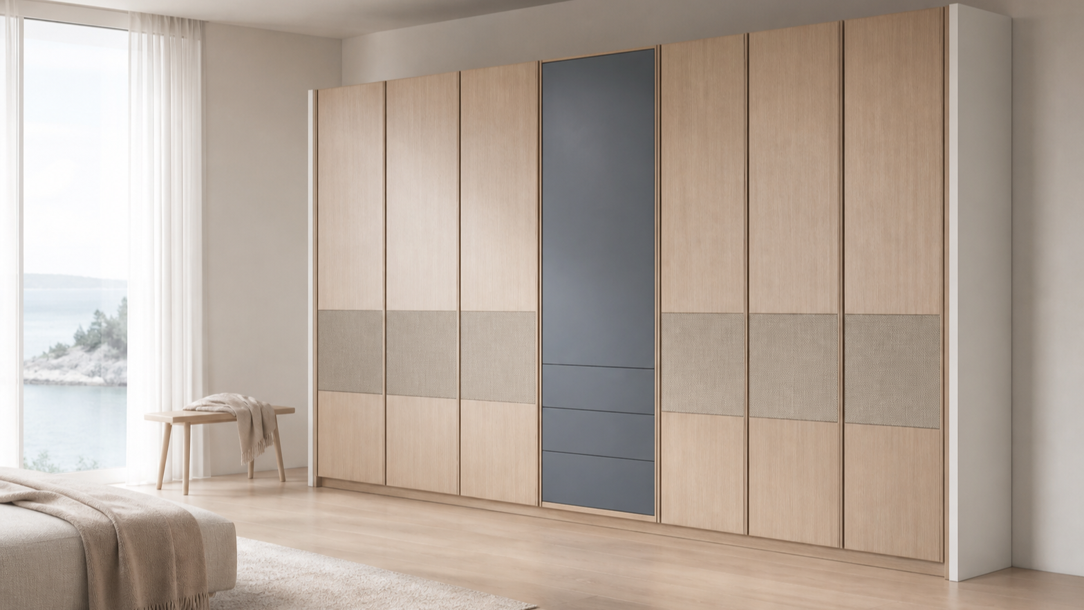 Fadior Onyx Wardrobe Suite with Misty Blue Dressing Alcove — lifestyle setting with natural light and residential styling