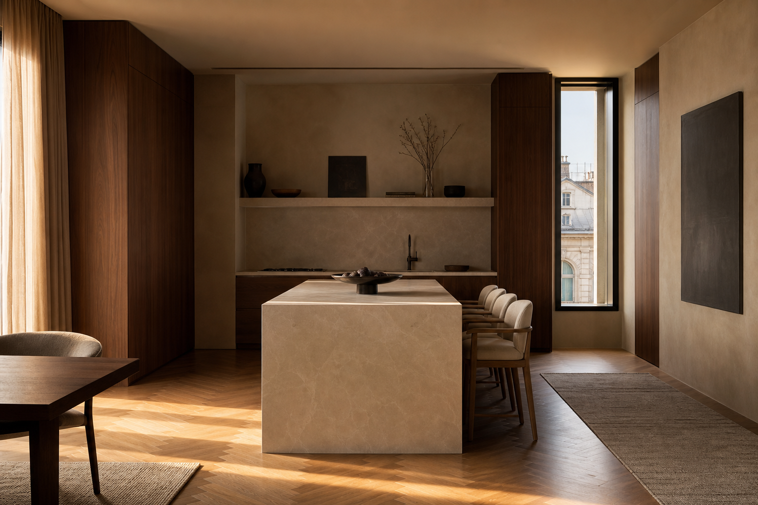 Fadior Milan 140 sqm Kitchen Penthouse — Milan Kitchen Penthouse — counter, island, walnut, cabinet, pendant