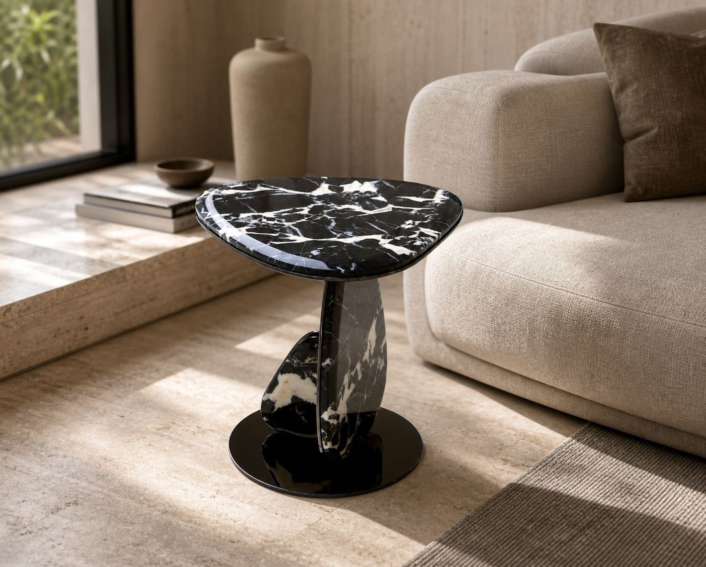 Marble Side Table (Bulgari Black marble) styled in a FADIOR HOME interior setting
