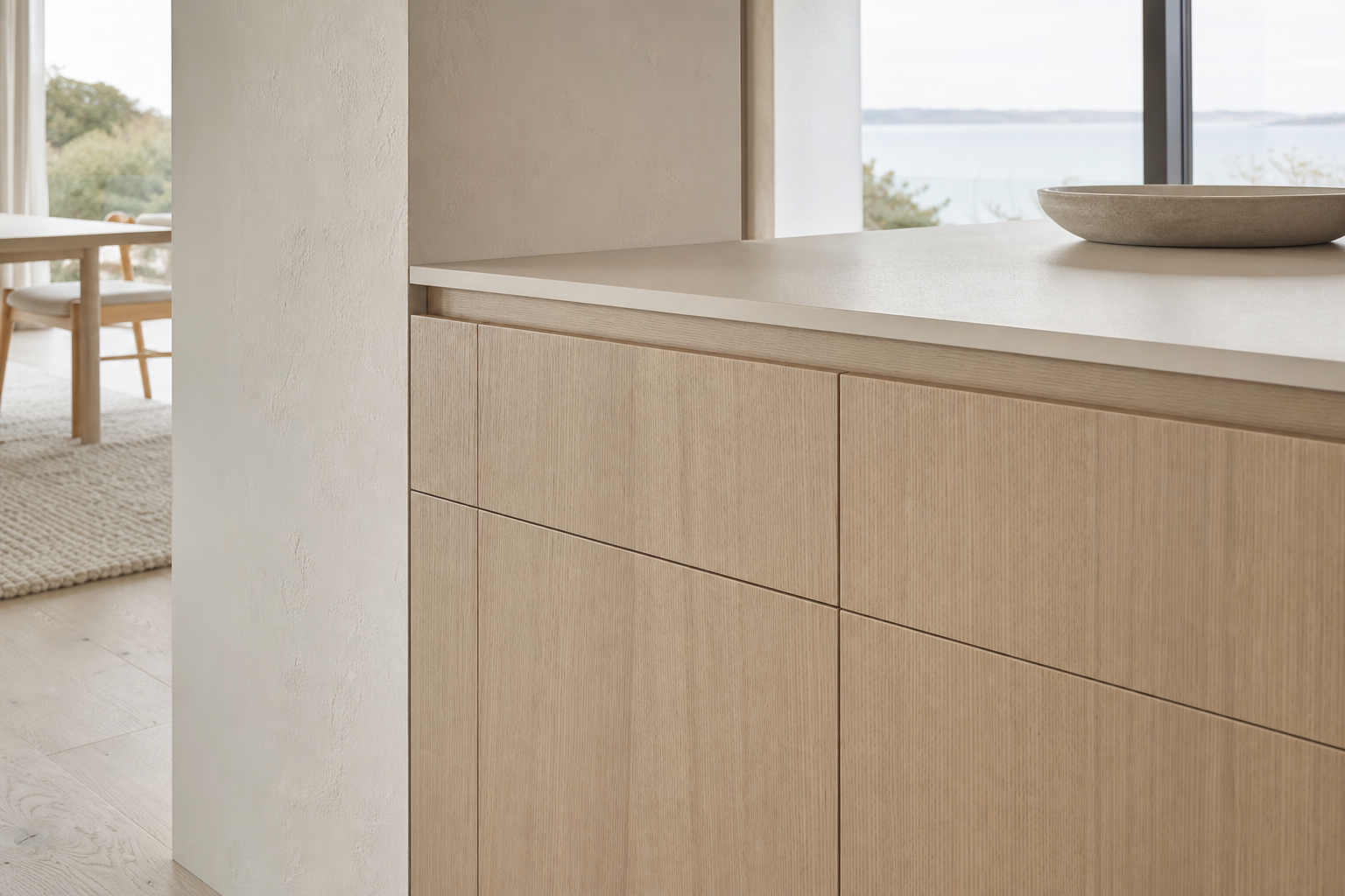 Fadior Dream Home Kitchen Suite with Parchment Island Cladding — close-up of stainless steel finish and hardware detail