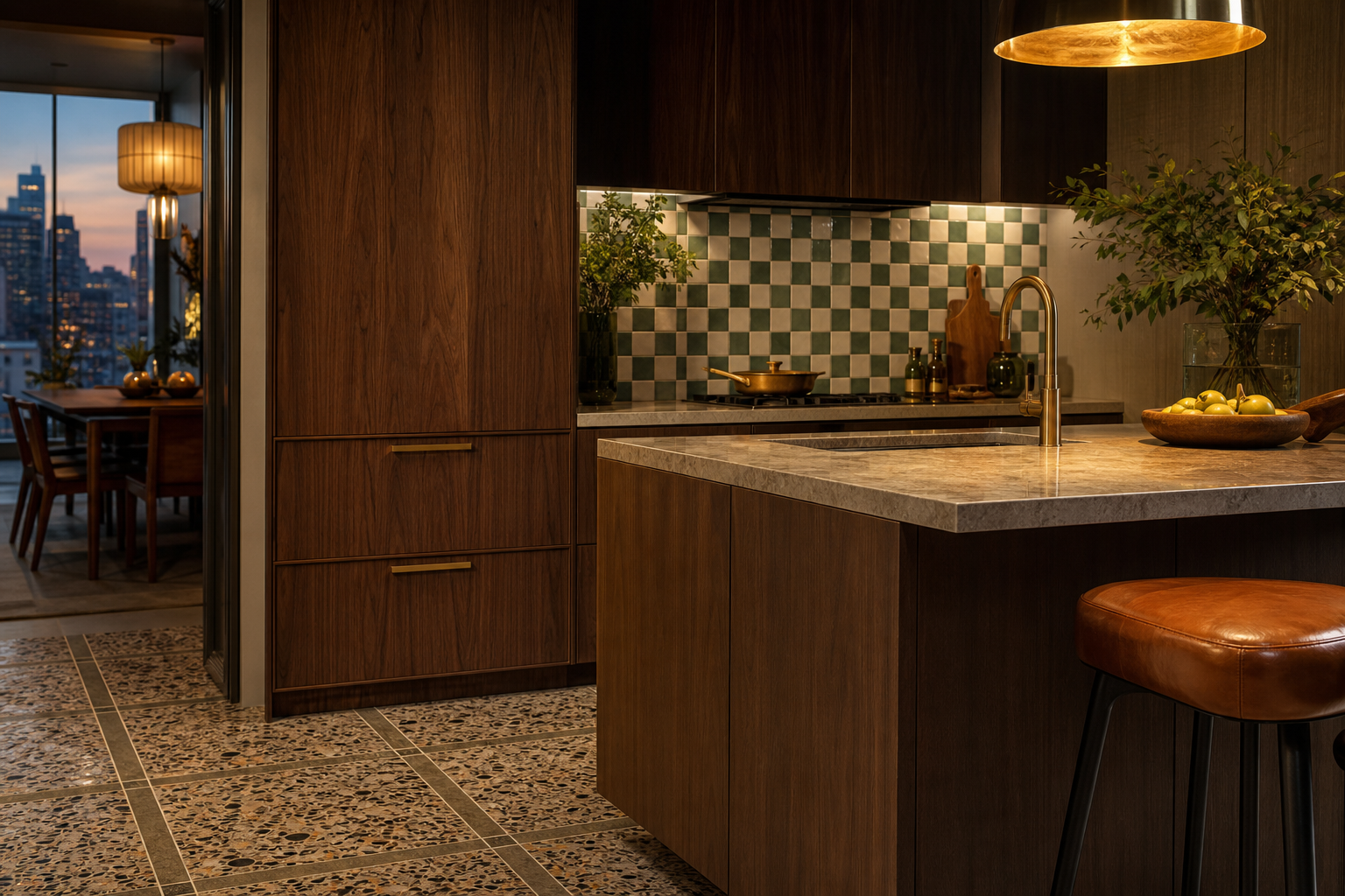Fadior New York 320 sqm Kitchen Villa — walnut panel, stone counter, tile backsplash, terrazzo floor, warm light