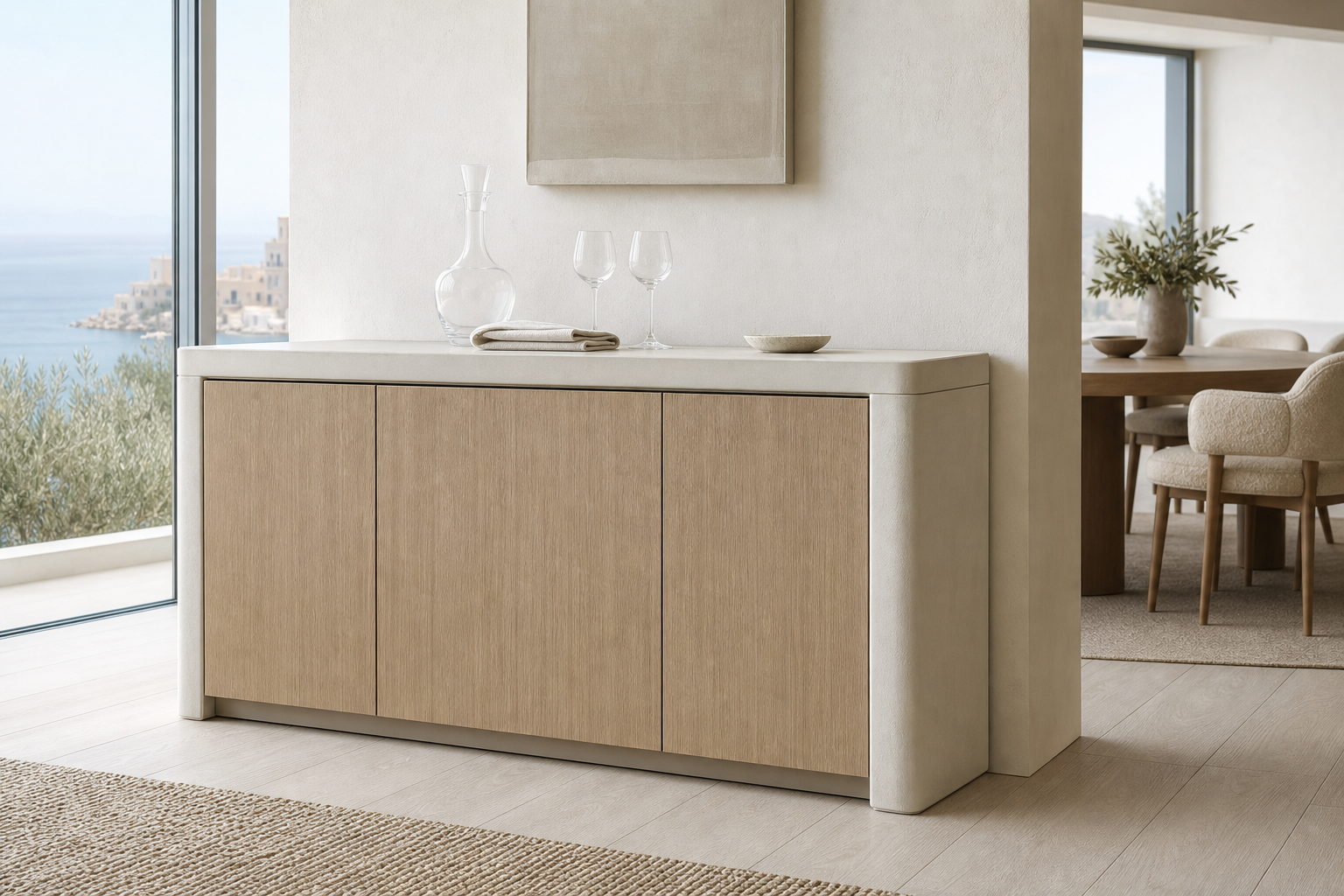 Fadior Cru Wine Cabinet Suite with Silver Patina Pairing Console — lifestyle setting with natural light and residential