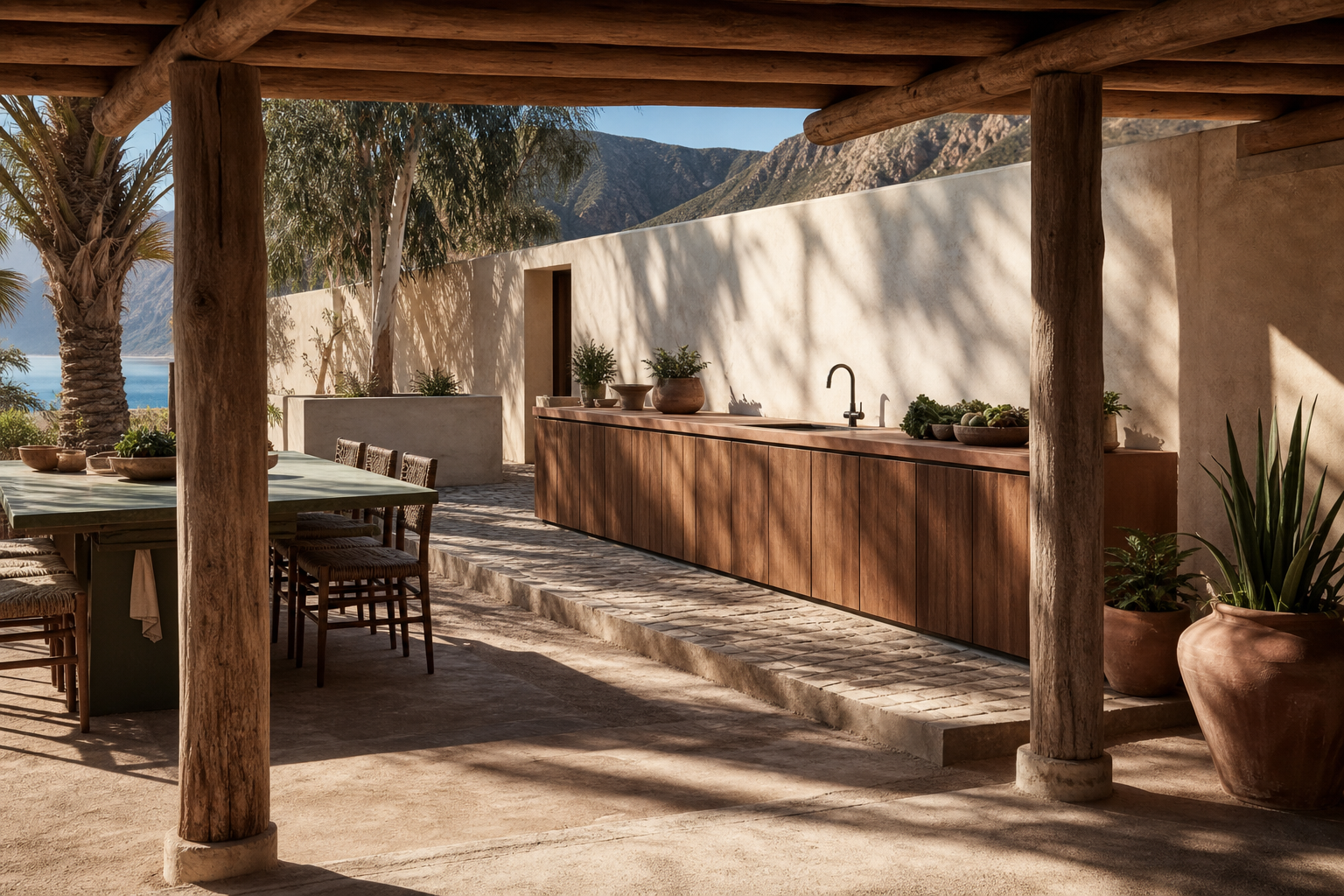 Fadior Horizon Outdoor Kitchen Suite with Cypress Service Courtyard — interior room context showing cabinet integration