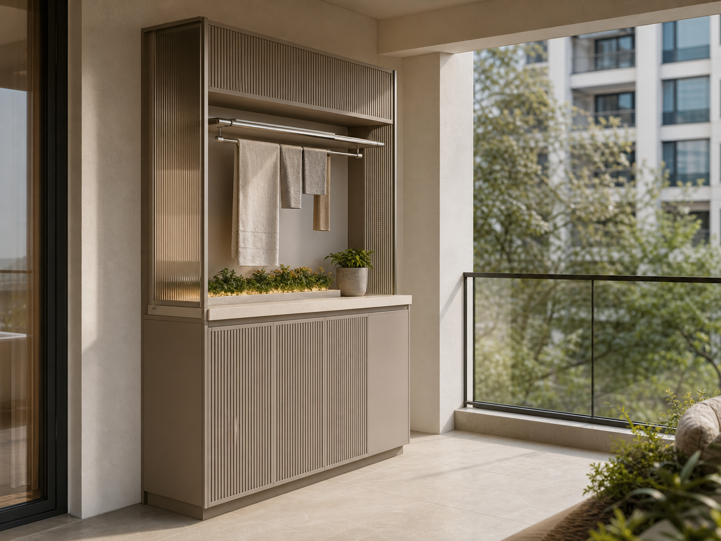 Fadior Dusk Balcony Suite with Reeded Linen Drying Hutch — interior room context showing cabinet integration