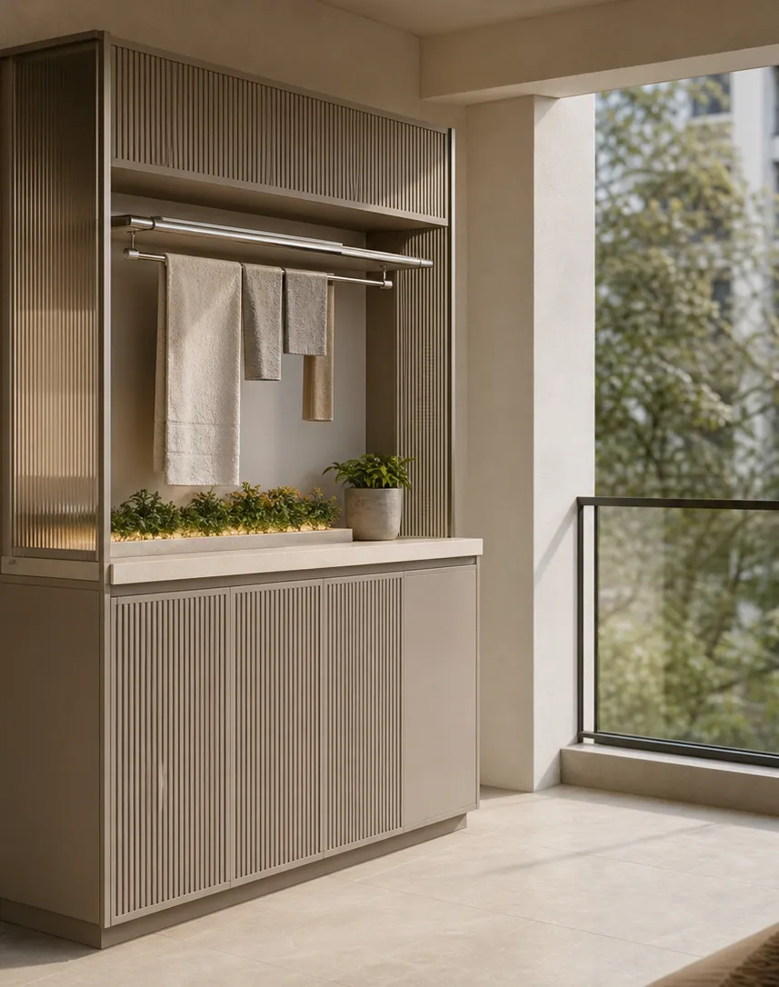 Suite de Balcón Dusk con Armario de Secado de Lino Estriado perspectiva interior