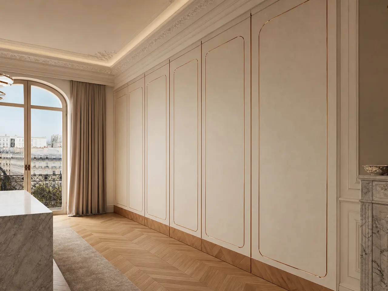 Fadior Terrazzo Wall Panel Suite with Clay Reveal Passage Wall - 304 stainless steel wall panel system with textured surfaces, shadow reveals, integrated lighting, and concealed doors