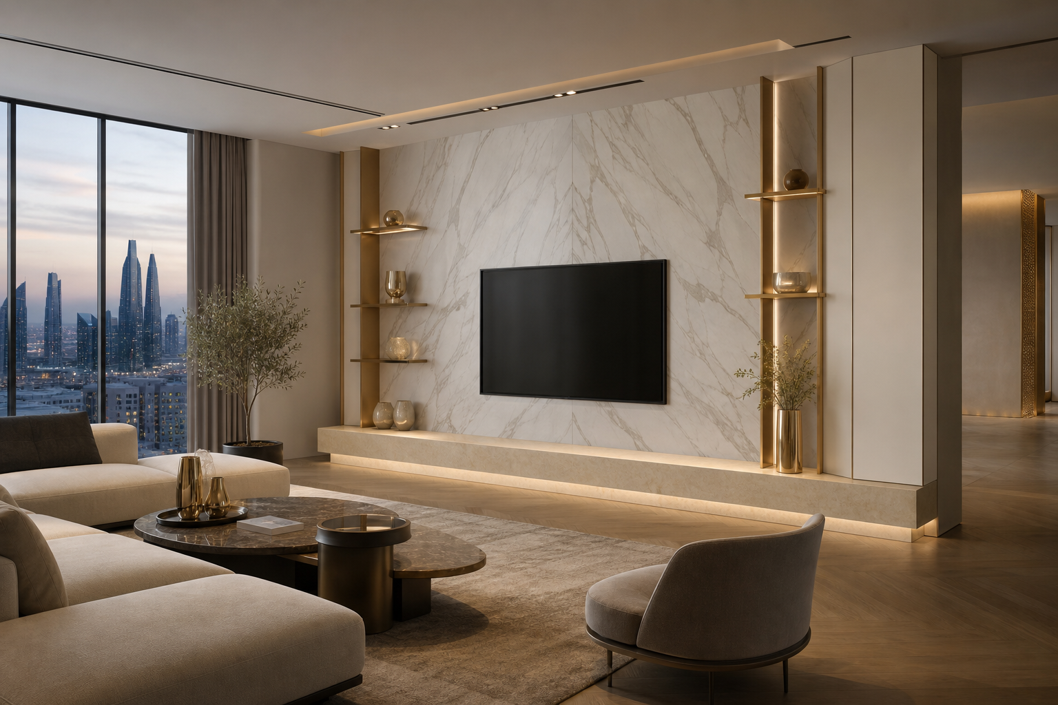 Fadior Silvan Living Room Suite with Limewash Listening Plinth — interior room context showing cabinet integration