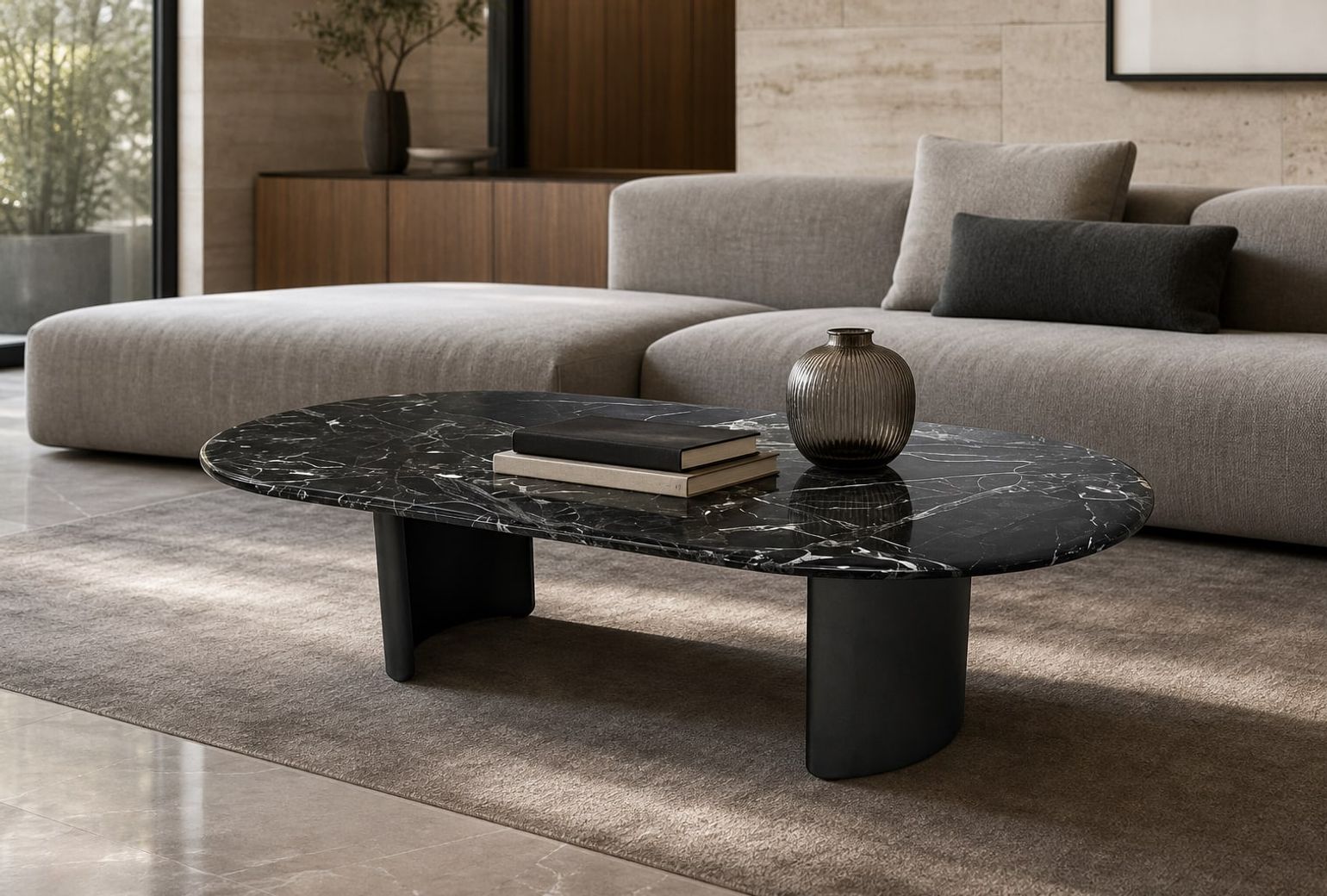 Stone-Top Coffee Table (Brushed stainless steel) styled in a FADIOR HOME interior setting