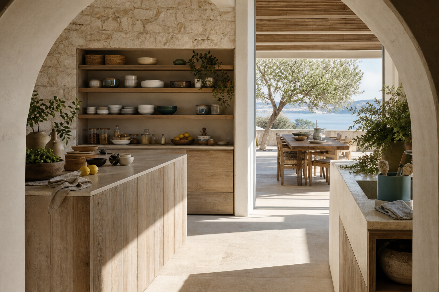 Mediterranean kitchen and terrace dining view with categorized shelves for family cooking routines.