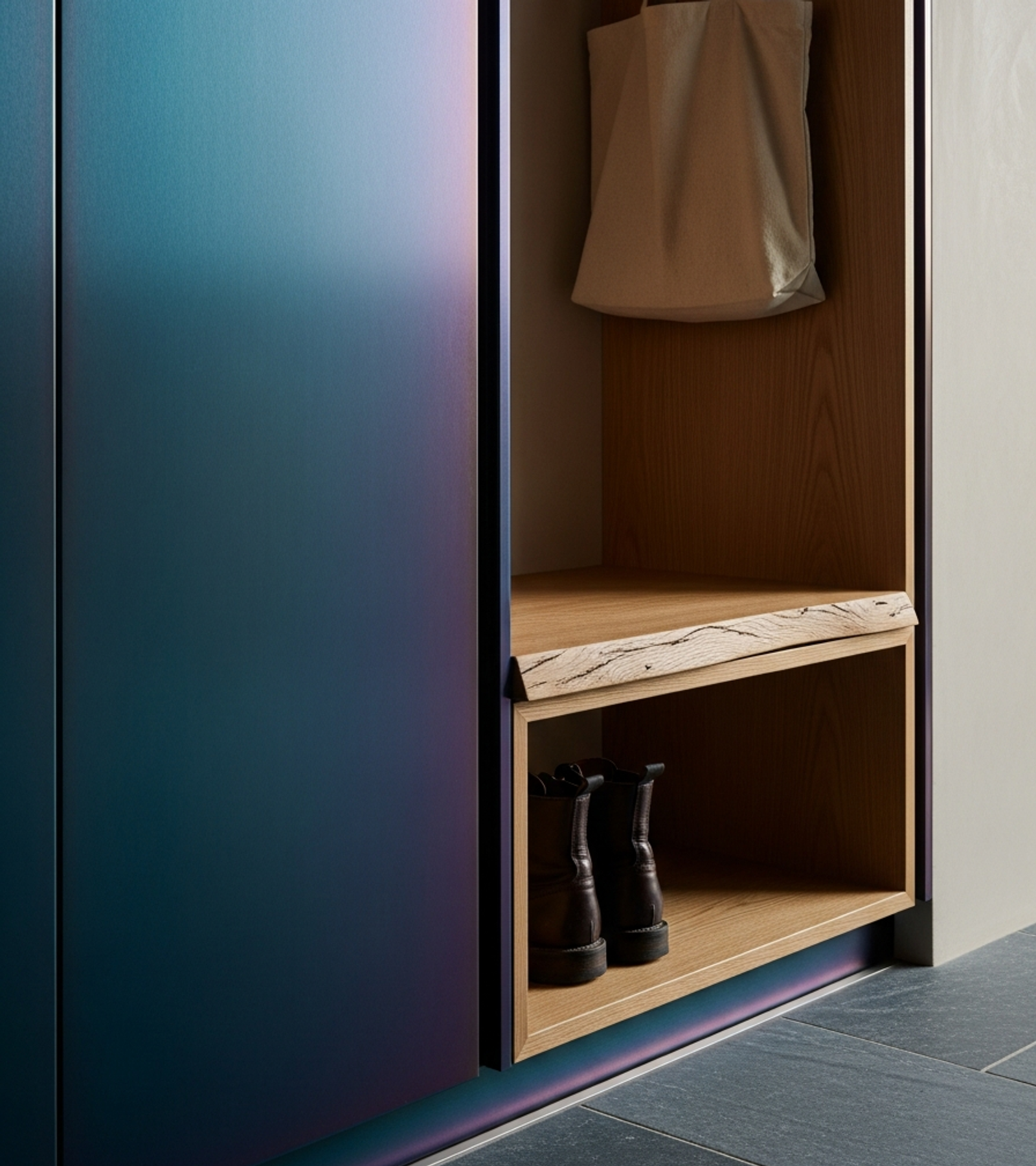 Fadior Archetype Entry Cabinet — close-up of stainless steel finish and hardware detail